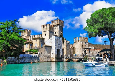 Most beautiful medieval castles of Italy - Scaligero Castle in Sirmione. Lake Lago di Garda in north, Lombardy