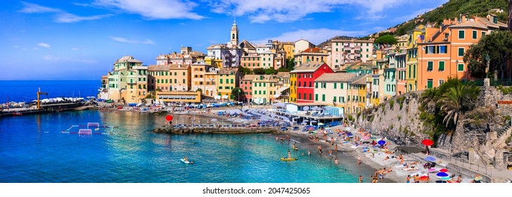 Most colorful coastal towns near Genova - beautiful Bogliasco village in Liguria with nice beach. Italy summer destinations Sept.2021