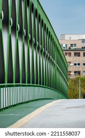 Starý Most - Old Bridge In Bratislava Over Danube. Green Bridge Pattern With Green Cycling Path And Sidewalk. 