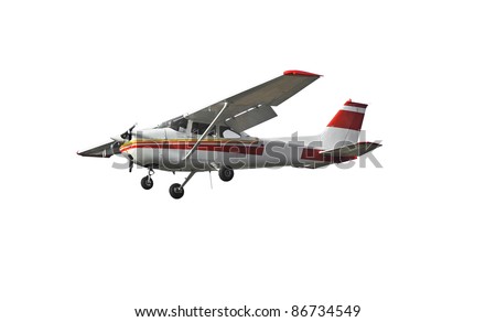 the most popular light aircraft ever built with overhead wing and single propeller. Isolated on a white background