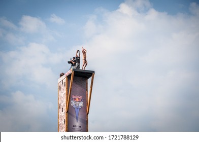 Mostar, Bosnia And Herzegovina – Aug 14, 2015 : Diver On Stari Most, This Photo Was Taken During Red Bull Cliff Diving World Series