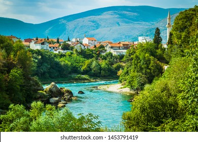 Mostar, Bosnia & Herzegovina - Aug 17, 2017:   Old Town Mostar Bridge, Restaurants, Mosque, Culture, River