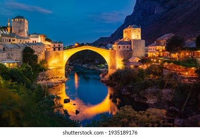 Mostar, Bosnia And Herzegovina. The Old Bridge, At Night. Travel In Europe.