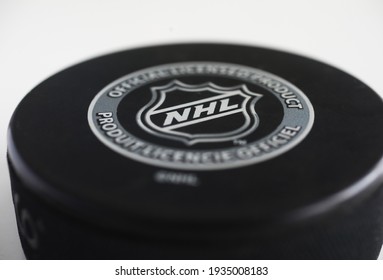 MOTALA, SWEDEN- 10 MARCH 2021: Officiel licensed hockey puck for NHL, National hockey league. Photo Jeppe Gustafsson