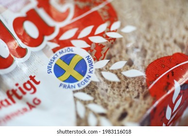 MOTALA, SWEDEN- 18 MAY 2021: Coarse bread from Garant. Here with a Swedish flag that the bread contains Swedish flour. Photo Jeppe Gustafsson