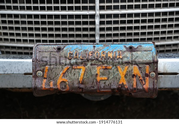 MOTALA, SWEDEN- 19 FEBRUARY\
2019: A license plate at an old american car.\
Foto Jeppe\
Gustafsson