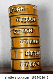 MOTALA, SWEDEN- 27 DECEMBER 2008: Snuff boxes stacked with "Ettan portion", a snuff from Swedish Match.
Photo Jeppe Gustafsson