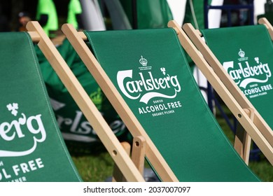 MOTALA, SWEDEN- 5 SEPTEMBER 2021:
Sign on a Carlsberg beer chairs.
Photo Jeppe Gustafsson