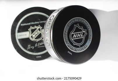 MOTALA, SWEDEN- 8 FEBRUARY 2022:
Official Game Puck From NHL, National Hockey League, USA. Photo Jeppe Gustafsson