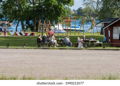 Motala Sweden June 2021
Family Coming Together Outdoors In Corona Covid Times Enjoying Each Others Company