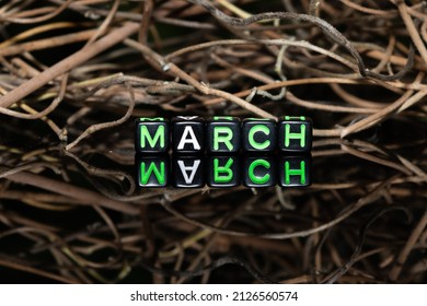 Mote alphabet blocks arranged into a "March" against a background of dry twigs of vines.