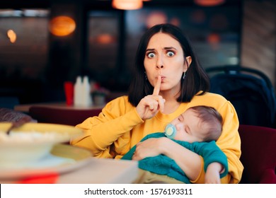 Mother Asking For Silence While Baby Is Sleeping. Overprotective New Mom Watching Over Newborn Sleep
