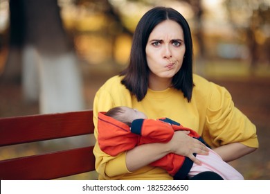 Mother Asking For Silence While Baby Is Sleeping. Stressed Mom Being Overprotective Of Her Newborn
