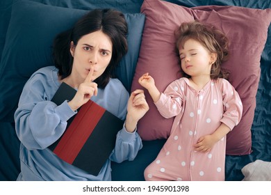 Mother Asking For Silence While Baby Sleeps. Overprotective Mom Caring For Her Child Sleeping
