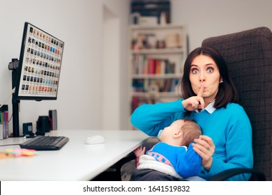 Mother Asking For Silence Working While Baby Sleeps. Overprotective Mom Caring For Newborn While Trying To Work
