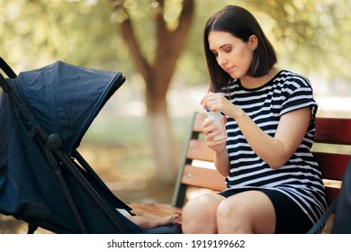 Mother With Baby Bottle Ready To Feed The Baby Outdoors. Mom And Newborn Prepared For Feeding Session Outside In The Park
