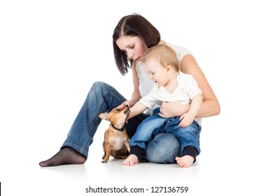 Mother, Baby Boy And Dog Isolated On White Background