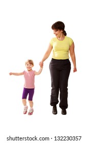 Mother And Baby Daughter Holding Hands And Jogging. Family Healthy Lifestyle. Isolated On White Background