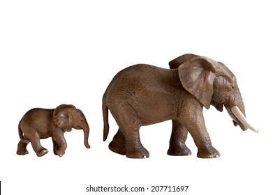 Mother And Baby Elephant Toys Isolated On White Background