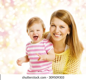 Mother And Baby Girl Family Portrait, Smiling Woman With Happy Laughing Kid, Daughter One Year Old