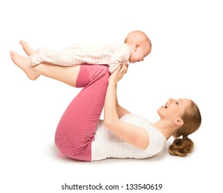 A mother and baby gymnastics, yoga exercises isolated on white background