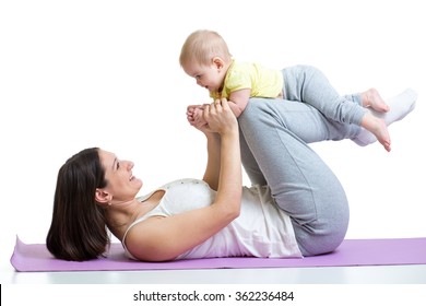 mother and baby gymnastics, yoga exercises isolated on white 