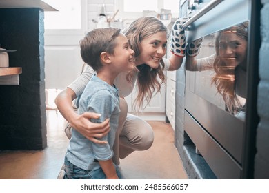 Mother, baking and boy or house oven, child development and helping in kitchen together with dessert or cookies. Happiness, childhood and fun activity with stove, teaching and bonding in apartment - Powered by Shutterstock