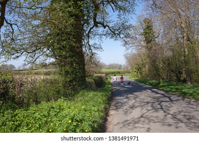 Mother And Boy Going For A Walk In The Cotswolds With Pet Dog, Gloucestershire, England