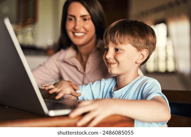 Mother, boy and laptop with help for homework, support and care for preschool, learning and growth. Woman, son and tech for educational games in home for language, math or skill for child development - Powered by Shutterstock