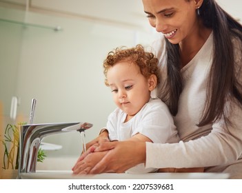 Mother, Boy Or Washing Hands Help In Water In Covid Bacteria Cleaning, Home Morning Wellness Or Learning Hygiene. Child, Son Or Kid By House Bathroom Sink In Healthcare Security Or Safety With Parent