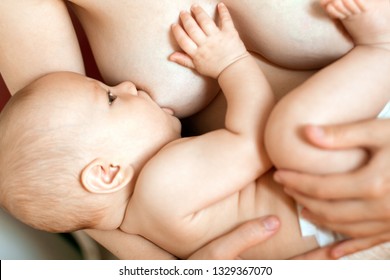 Mother Breast Feeding and Hugging Baby. Mother Holding NewBorn in Embrace and Breastfeed