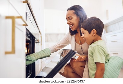 Mother, child and baking in oven learning to make biscuits, cookies or cake in home kitchen. Care, support or love of happy parent bonding, cooking or teaching boy to bake dessert on stove together - Powered by Shutterstock