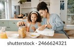Mother, child and breakfast cereal in morning for healthy nutrition with calcium milk, preparing or home. Woman, daughter and growth development in kitchen for wellness fiber or snack, hungry or food