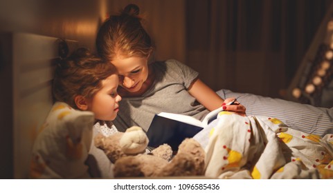 Mother And Child Daughter Reading Book In Bed Before Going To Sleep 
