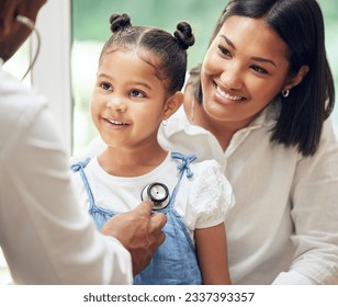 Mother, child and doctor with stethoscope for health care in a hospital for heart and lungs. African woman, pediatrician man and kid patient for medical help, family insurance or development check - Powered by Shutterstock