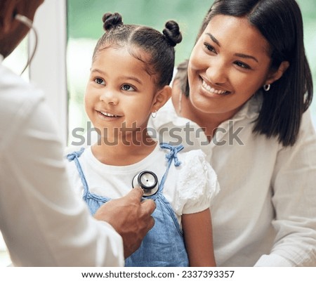 Mother, child and doctor with stethoscope for health care in a hospital for heart and lungs. African woman, pediatrician man and kid patient for medical help, family insurance or development check