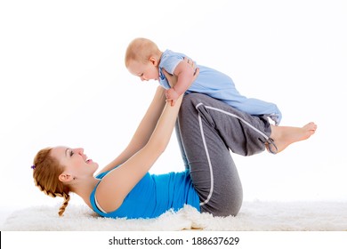 mother with a child engaged in yoga. doing exercises, physical exercises after childbirth. isolated on white background