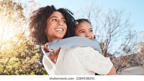 Mother, child and family outdoor with love and care for piggyback to a play game for fun in backyard. Smile of woman and girl kid in nature to relax together in summer with a hug for support or trust - Powered by Shutterstock