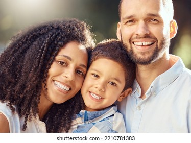 Mother, Child And Father In A Portrait As A Happy Family Outdoors Enjoying Summer Holiday And Bonding Together. Smile, Mom And Dad With Boy Toddler Love Relaxing And Sharing Quality Time In Nature