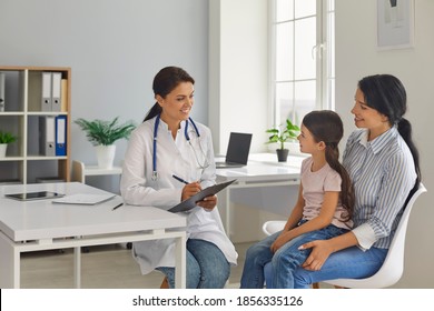 Mother and child girl in doctor's office. Pediatrican prescribes treatment to patient. Medical. Children's doctor. Pediatrics. Family medicine and clinic. Healthcare and prevention
