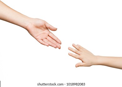 Mother And Child Hands Reaching Before Touching, Isolated On White Background. Love, Trust, Family Concept