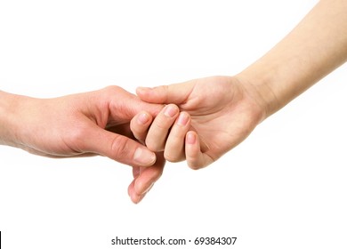 Mother And Child Hold By Hands On A White Background