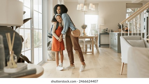 Mother, child and hug student in home or before school day in morning, connection or backpack. Woman, daughter and leaving goodbye or comfort trust in apartment or parenting, embrace or kindergarten - Powered by Shutterstock
