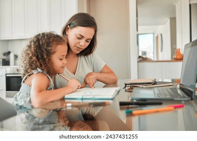 Mother, child and learning of parent helping her daughter with homework in the kitchen for education at home. Mom teaching her girl school work, project or task in her book together at the house. - Powered by Shutterstock