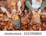 Mother and child lying in autumn leaves, playfully holding leaves over their faces and making silly expressions, creating a fun and joyful moment surrounded by the vibrant colors of fall.
