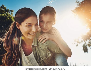 Mother, child and nature for piggy back with smile, bonding on vacation in Australia. Woman, girl and happiness for freedom, family or development in outdoor, cheerful and backyard park with sunshine - Powered by Shutterstock