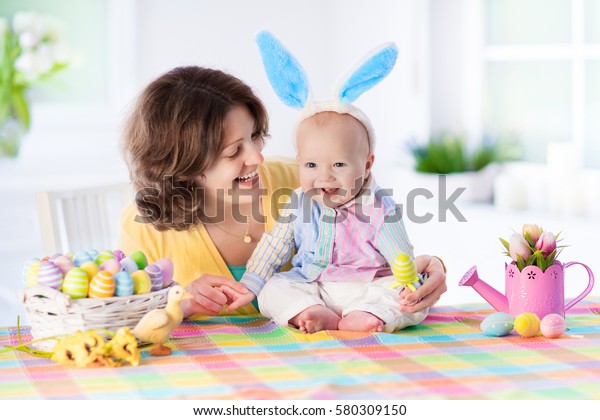 Mother Child Painting Colorful Eggs Mom Stock Photo Edit Now