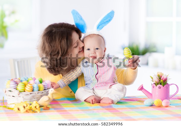 Mother Child Painting Colorful Eggs Mom Stock Photo Edit Now