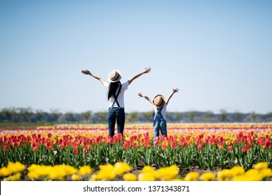 Mother And Child Raising Their Hands In The Flower Field