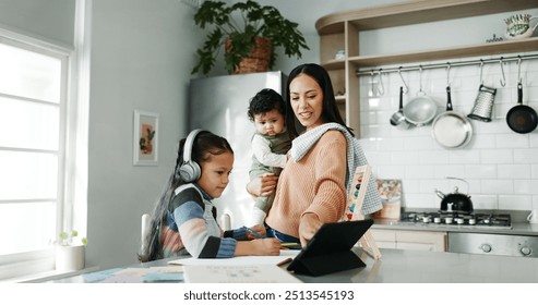 Mother, children and tablet with headphones for elearning, distance learning or virtual class in kitchen at home. Mom, child or helping daughter with technology for online lesson or homework at house - Powered by Shutterstock